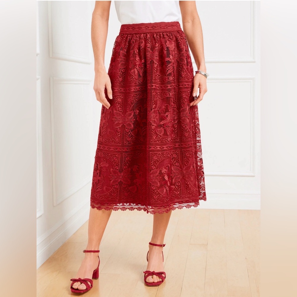 Talbots Women’s Floral Lace Fit & Flare Midi Skirt 12P Burgundy New Petite